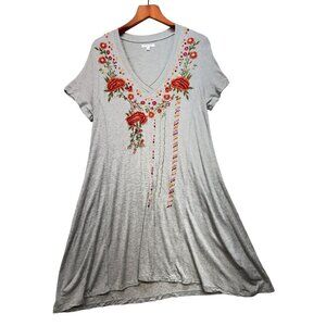 Caite A-Line Midi Swing Dress Womens Size S Gray Floral Embroidered V-Neck Boho